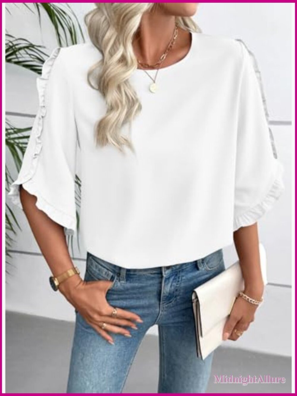 3/4 Ruffle Sleeve Blouse Business Casual Tops Summer - Picture 2 of 7
